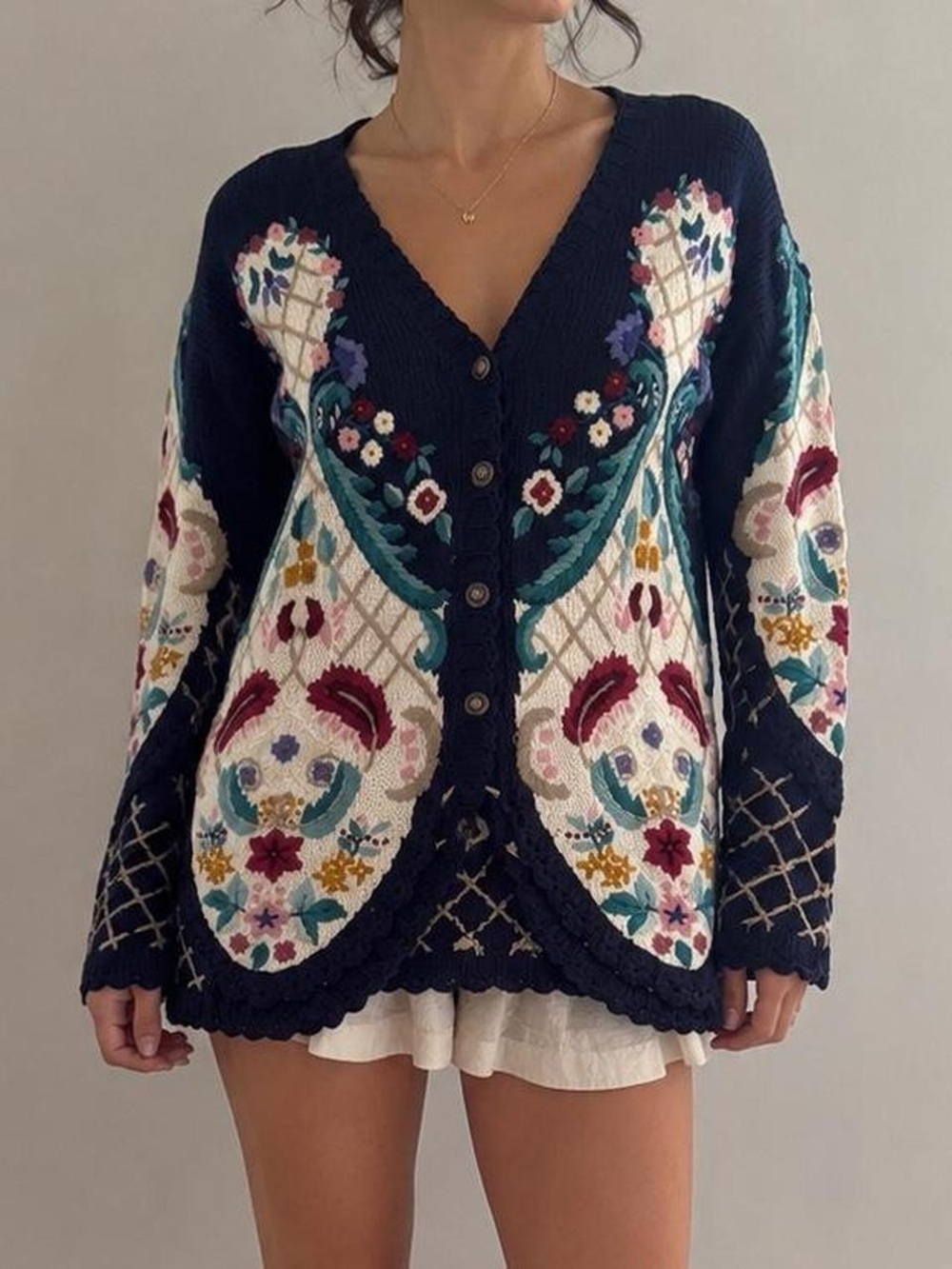 Vintage Jennifer Reed Hand Knit Embroidered Cardigan
